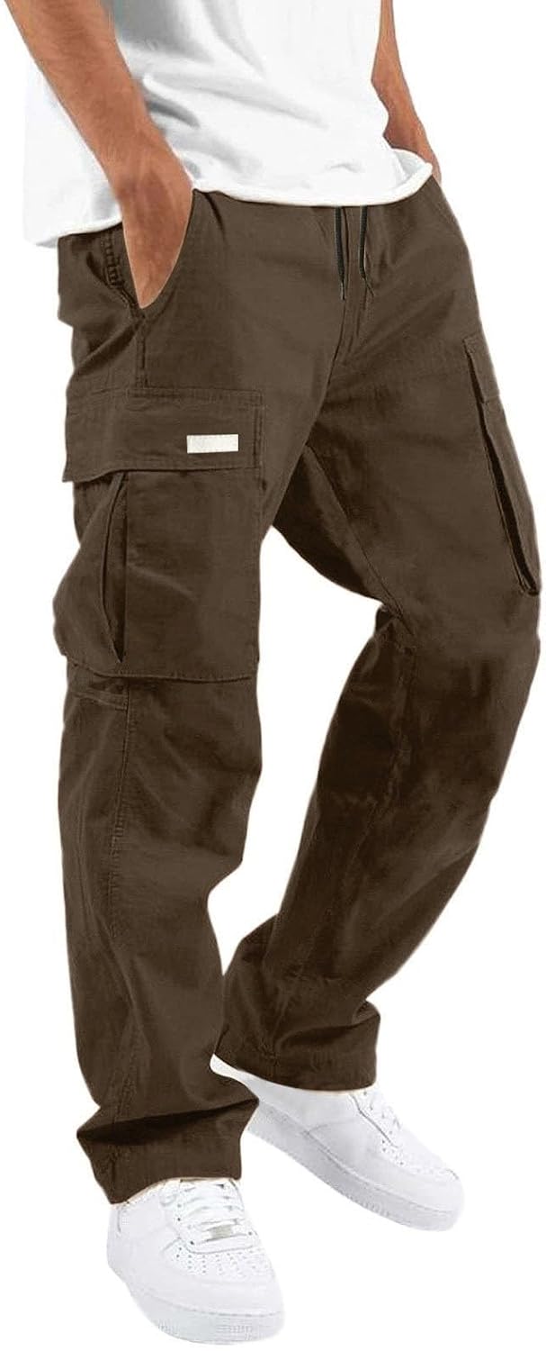 Mens Cargo Pants Elastic Waist Drawstring Relaxed Fit Outdoor Joggers Straight Leg Hiking Workout Pants with