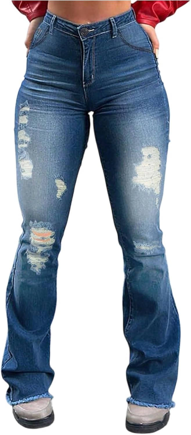 Wide Leg Jeans Woman High Waisted Stretchy Ripped Bell Bottom Jeans Y2k Boyfriend Skinny Frayed Hem Flare Denim Pants