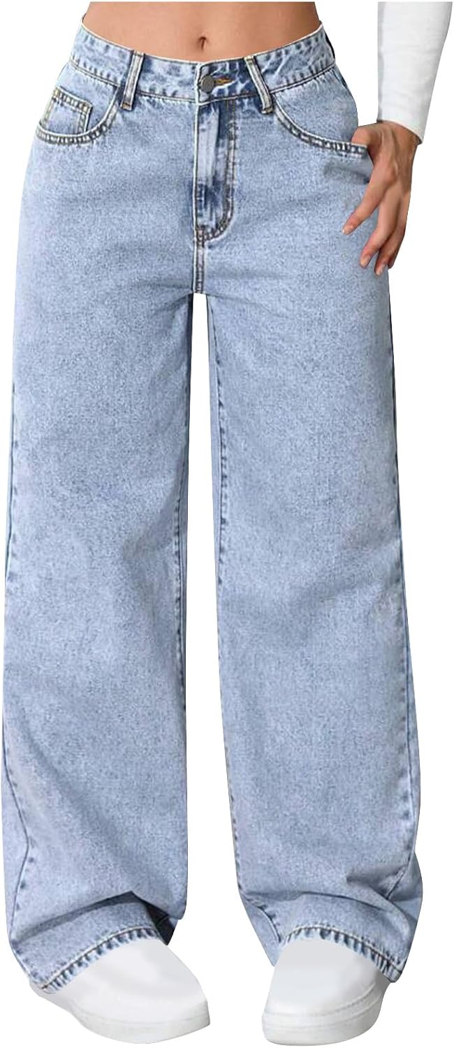 Oplxuo Wide Leg Jeans for Women High Waisted Stretchy Jeans Loose Elastic Waist Denim Pants Baggy Trousers with Pockets