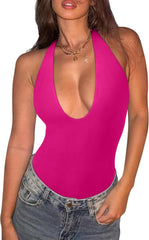 REORIA Bodysuits for Women Halter Tops 2025 Summer V Neck Backless Body Suits Tank Top Trendy Fashion Clothing