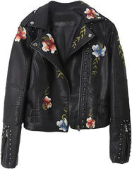 Women's Faux Leather Jacket with Floral Embroidery, Slim Fit PU Moto Coat, Windproof and Waterproof Lightweight Jacket
