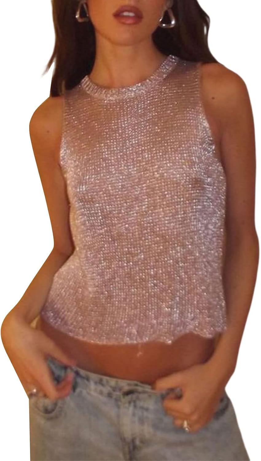 Amiblvowa Sequin Tank Top Women Y2k Sexy Sleeveless Sparkly Crop Camisole Slim Shiny Glitter Cami Going Out Party Vest Shirts