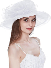 Organza Derby Hats for Women Wide Brim Fascinator Hat Rose Flower Wedding Tea Party Hat