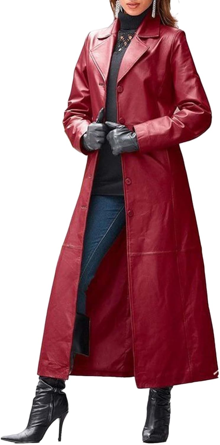 Women Casual Lapel Long Suit Trench Coat Slim Leather Windbreaker Lambskin Outerwear Faux Jacket 2025