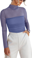REORIA Women’s Trendy Sexy Mock Turtle Neck Long Sleeve Sheer Mesh Ruched Going Out Bodysuits Tops