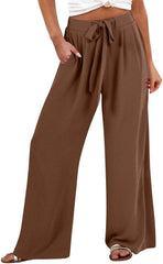 Womens Casual Linen High Waist Pants Wide Leg Beach Vacation Pants Trousers Pockets Drawstring Loose Fit Summer Outfits