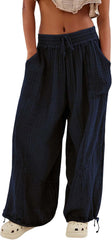 Womens Wide Leg Casual Pants Elastic High Waist Drawstring Stitching Baggy Trousers with Pockets Solid Color