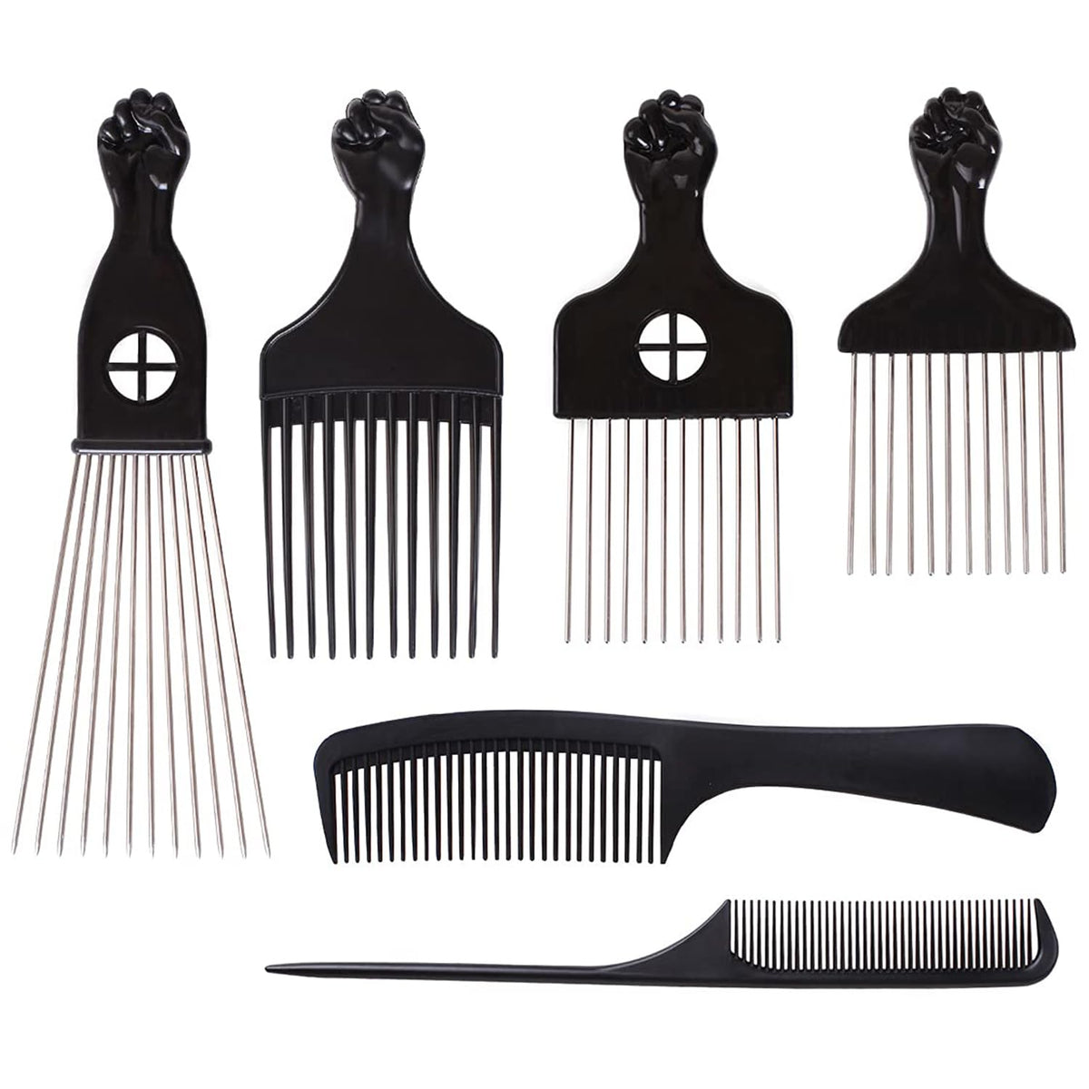 COOKOO 3 Pack Metal Afro Hair Styling Combs - Fist Design Wide Tooth Picks for Women, Men & Natural Curly Hair Hairstyling