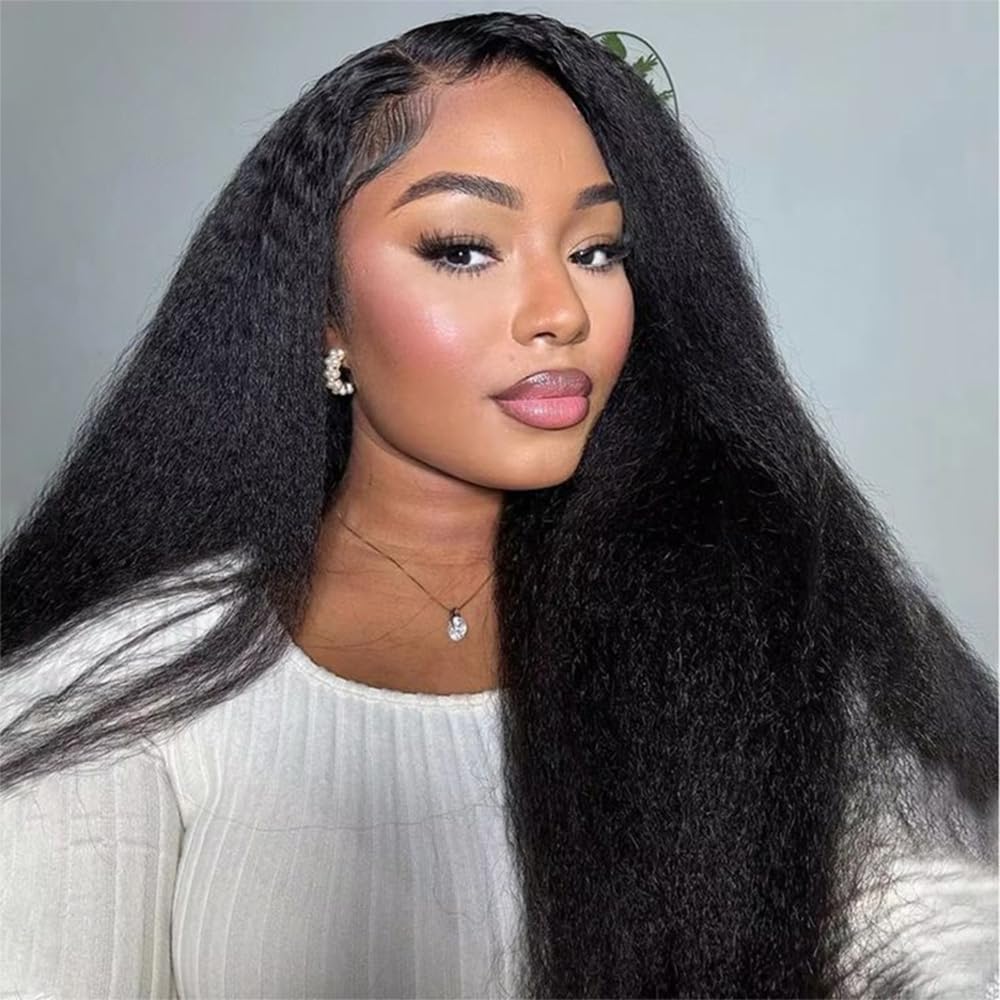 BGM GIRL Kinky Straight 3 in 1 Half Wig Human Hair Glueless Wear and Go No Lace Flip Over Wig With Adjustable Drawstring 180 Density Natural Look Wig For Women 16 Inch