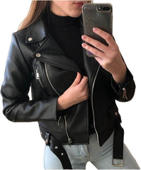 Women's Faux Leather Jackets Cropped Faux Leather Motorcycle Jacket Belted Moto Biker Coat Slim Classic Fashion Coat