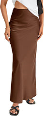 Vrtige Women's Elegant Satin Silky High Waist Zipper Flowy A Line Maxi Long Skirt