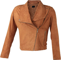 D DOLLY LAMB Women's Sued Leather Jacket - Cross Zipper Round Neck Lambskin Leather Jacket For Girl, Stylish Jackets