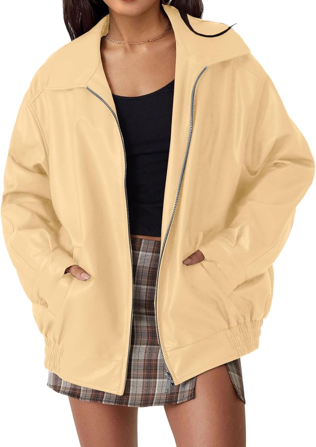 Faux Leather Jacket for Women Oversized Lapel Long Sleeve Jackets Zip Up Bomber Coats Fashion Motorcycle Coats
