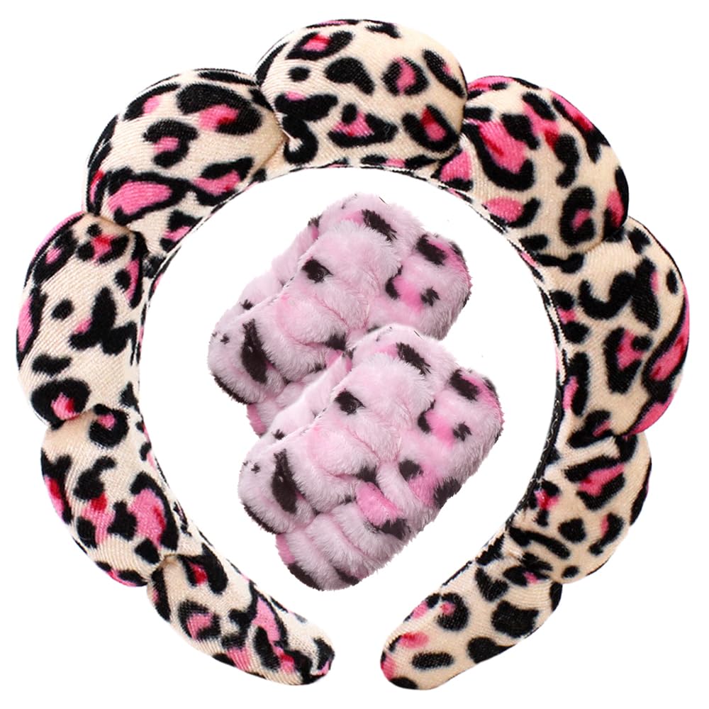 Spa Headbands for Washing Face Wristband Set Sponge Makeup Skincare Headband Wrist Towels Bubble Soft Terry Towel Cloth Hairband for Women Puffy Headwear Non Slip Thick Thin Hair Headwear (Brown)