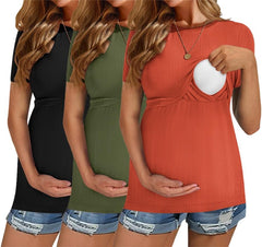 Ekouaer Womens Nursing Tops 3 Pack Short Sleeve Ribbed Breastfeeding Shirts Double Layer Maternity Shirt Pregnancy Clothes