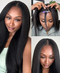 16 Inch Short Bob V Part Wig Yaki Straight Upgrade U Part Synthetic Wigs for Black Women Full Head Clip In Hair Glueless Replacement Kinky Straight Synthetic Wig