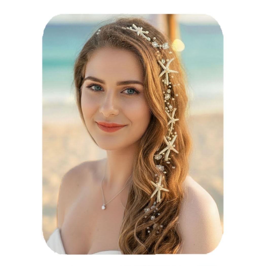 Unicra Starfish Bride Wedding Hair Vine Pearl Bridal Headband Headpiece Beach Wedding Hair Accessories for Women and Girls (A Silver)