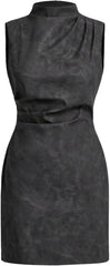 Women's PU Leather Ruched Bodycon Dresses Mock Neck Sleeveless Zipper Mini Tank Dress