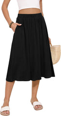 Women's Midi Skirt Summer Flowy Elastic High Waisted Casual Pleated Skirts with Pockets