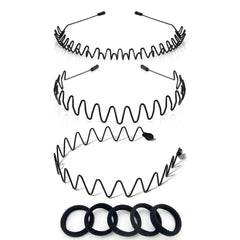 Metal Headbands for Men and Women - Adjustable Unisex Wire Hair Band with Wavy Design, Black Elastic Sports Headband for Daily Use, Spring Summer Outdoor & Gifts（6 Pack ）