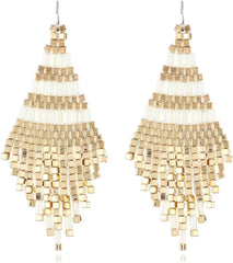 Fashion Bohemian Ethnic Style Metallic Luster Hand Woven Geometric Rice Bead Earrings Vintage Long Tassels High-end Personality Exotic Jewelry