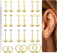 LOYALLOOK Threadless Flat Back Earrings 316L Surgical Steel Cartilage Earrings for Women Men Hypoallergenic Small Hoop CZ Push in Flatback Stud Earrings 20G 18G Flat Back Nose Stud Tragus Helix Conch Piercing Jewelry