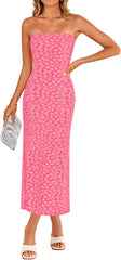 ZESICA Women's 2025 Summer Boho Floral Strapless Bodycon Dress Off Shoulder Tube Beach Party Long Midi Dresses
