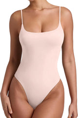 REORIA Women Sexy Cami Square Neck Thong Bodysuit Backless Spaghetti Strap Tank Top