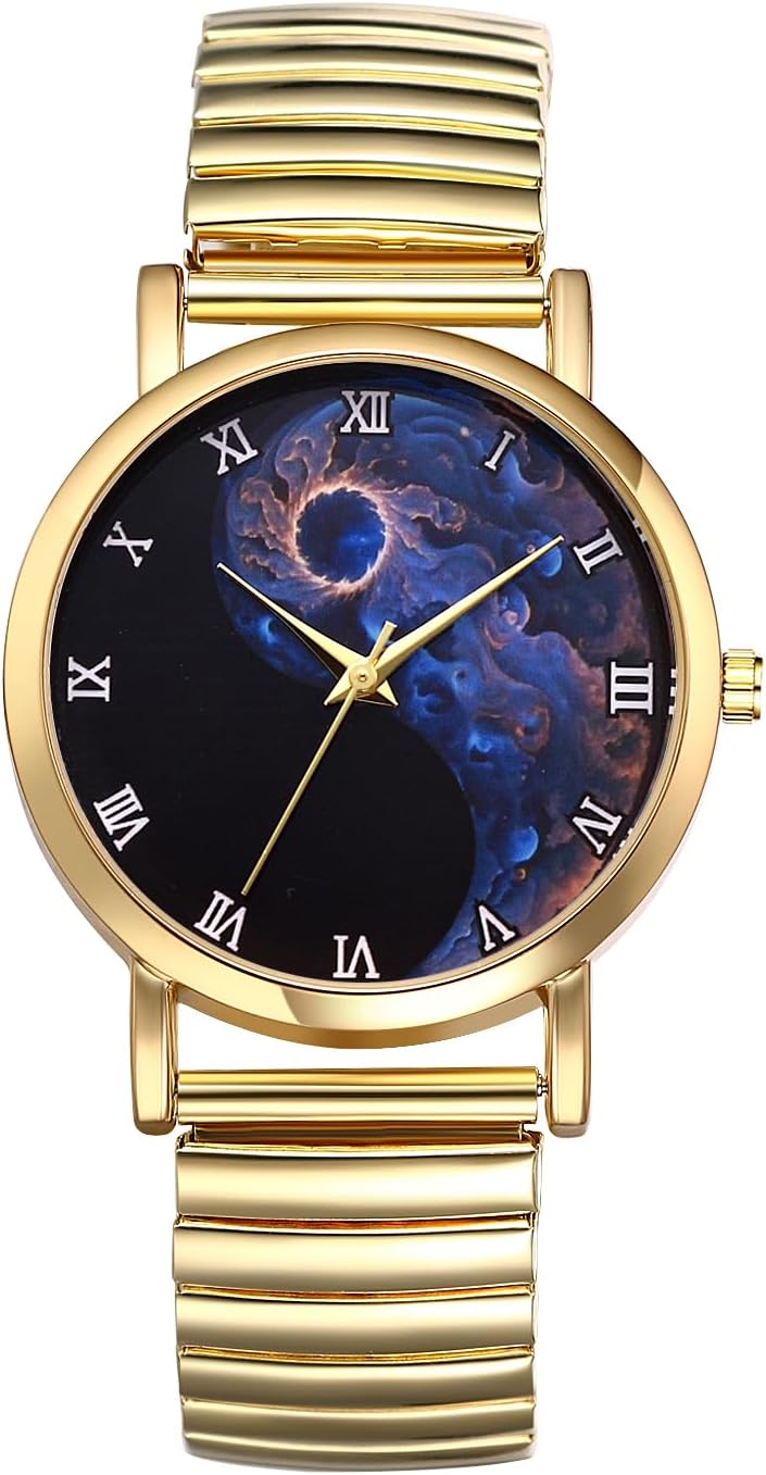 JewelryWe Men Women Couple Watch: His and Her Gold Pairs Watches Roman Numerals Tai Chi Yin-Yang Design Quartz Analog Elastic Band Wristwatch