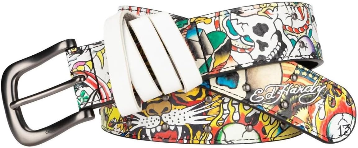 ED HARDY Men's 38mm All Over Print Hammered Stud Belt
