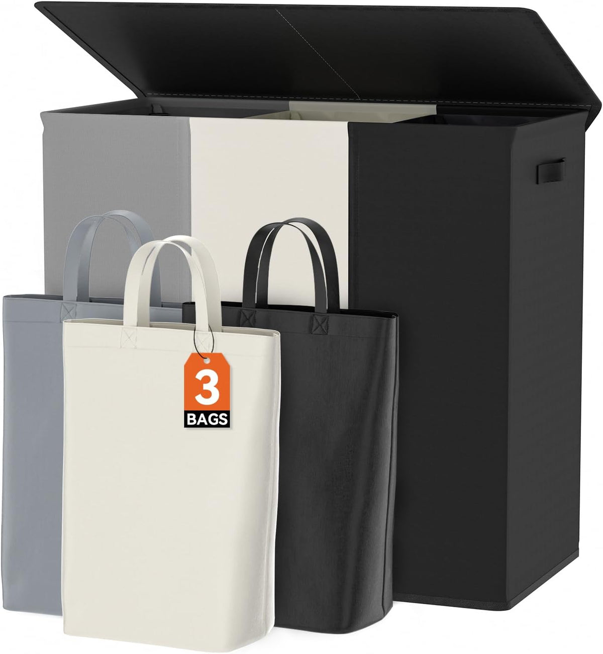 WOWLIVE 180L Laundry Hamper with Lid 3 Section,Large Laundry Basket with Removable Bags and Handles,Collapsible Dirty Clothes Hampers for Laundry,Laundry Basket Organizer for Laundry Room,Dorm,Black