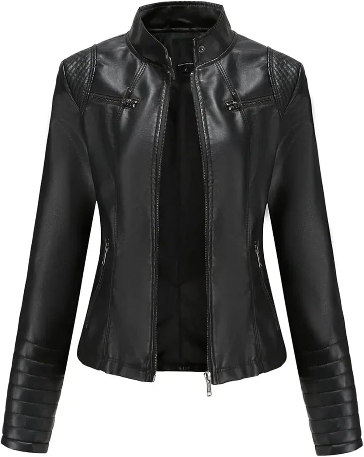 Women'S Faux Leather Jacket Retro Motorcycle Stand Collar Zipper Jacket Slim Casual Street Jacket