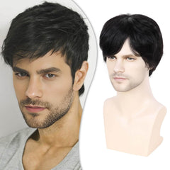 Creamily Mens Wigs Short Hair, Mens Hair Replacement Wigs Realistic Mens's Black Wig for Men Synthetic Hair Full Wig for Male Guy Christmas Daily Wear