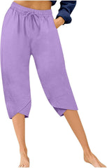 Women's Cotton Linen Drawstring Pant Petal Hem Straight Tube Sweatpant High Elastic Solid Trouser Side Pocket Pants