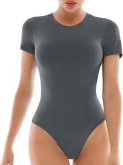 Walifrey Short Sleeve Bodysuits for Women Round Neck Basic Stretchy T Shirts Bodysuits Tops