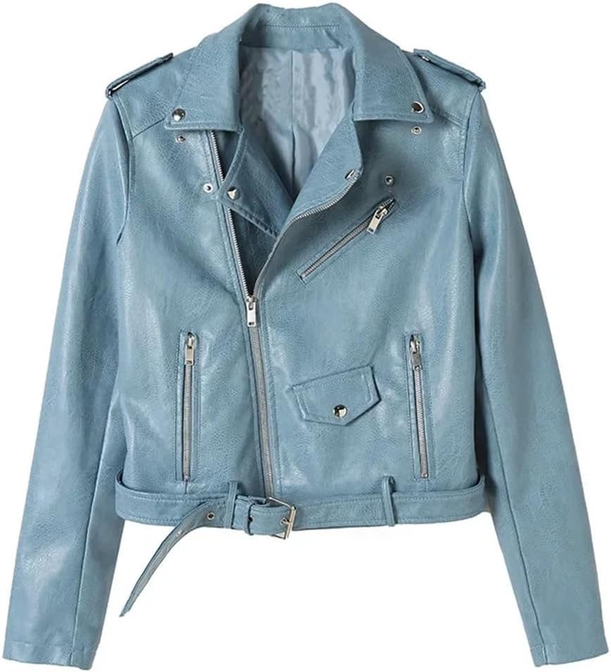 PU Leather Cropped Motorcycle Jackets For Women Spring Zipper Slim Belted Leather Jacket