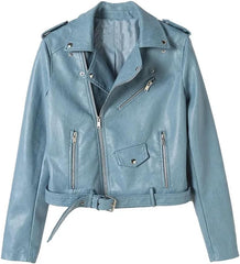 PU Leather Cropped Motorcycle Jackets For Women Spring Zipper Slim Belted Leather Jacket