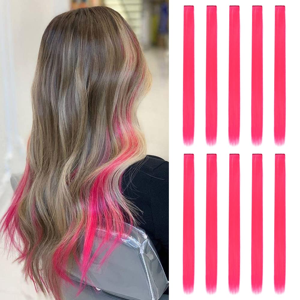 12 Pcs Colored Clip in Hair Extension 20 Inch Long Straight Party Highlights Synthetic Hairpieces for Women Girls Kids(Light Pink-12Pcs)