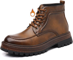 Men's Genuine Leather Platform Lace Up Ankle Boots Comfort Round Toe Warm Fur Lined Lug Sole Chukka Boots for Work Business Office