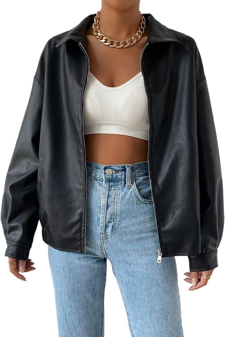 Women's Fashion Sweater Long Sleeve Drop Shoulder Zip Up PU Cropped Leather Jacket