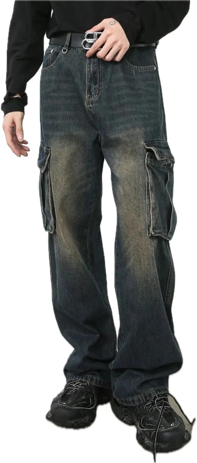 Mens Baggy Fit Denim Jeans with Cargo Pockets Durable Non Stretch for Casual Everyday Workwear Streetwear Comfort