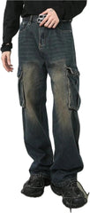 Mens Baggy Fit Denim Jeans with Cargo Pockets Durable Non Stretch for Casual Everyday Workwear Streetwear Comfort