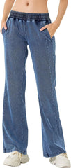 Women's High Waisted Stretchy Jeans Lightweight Elastic Waist Sports Fitness Casual Straight Leg Denim Jeans