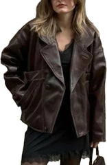 Womens Faux Leather Jacket Long Sleeve Single Breasted Lapel Coat Streetwear Outwear