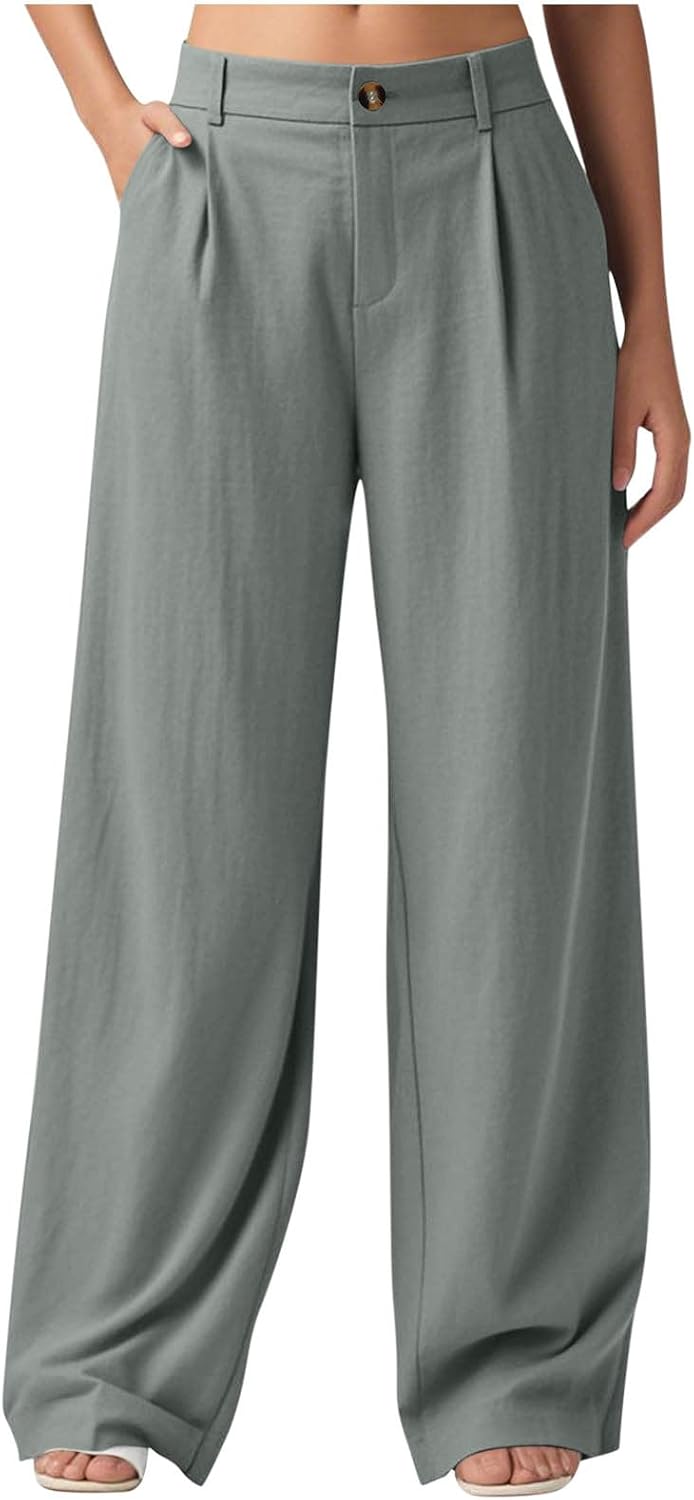 Linen Pants Women Wide Leg Button Work Dress Pant Lightweight Soft Comfy Casual Business Trousers with Pockets