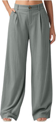 Linen Pants Women Wide Leg Button Work Dress Pant Lightweight Soft Comfy Casual Business Trousers with Pockets