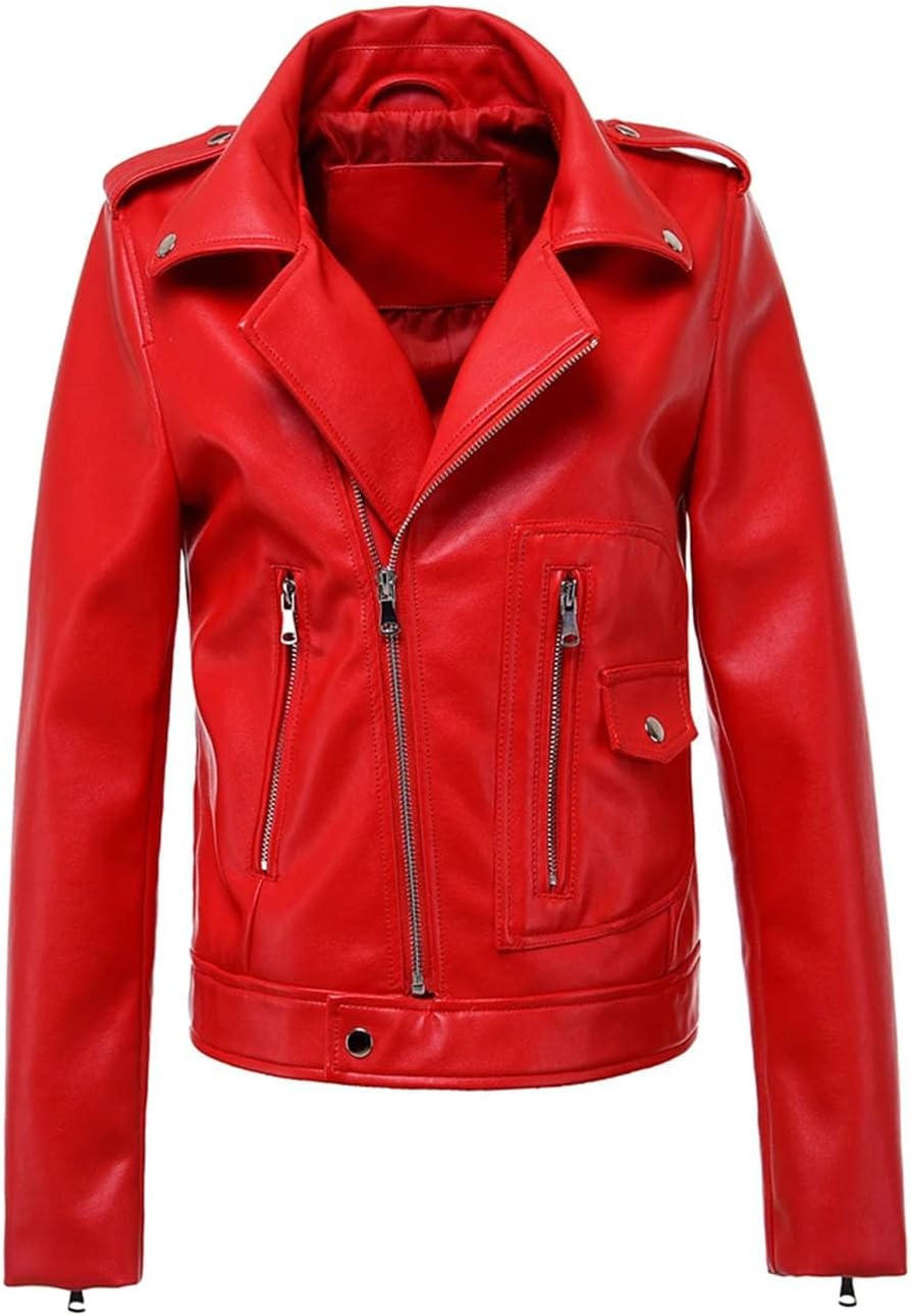 Women Faux Leather Jacket Vintage Biker Coat For Autumn Winter - Casual PU Motorcycle Jacket With Lapel