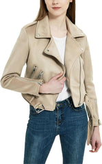 Women’S Thick Fake Suede Faux Leather Jacket With Turn-Down Collar Moto Biker Coat