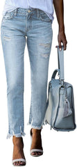 Ripped Jeans Womens Raw Hem High Waisted Jeans Y2k Stretchy Slim Fit Cropped Jean Tummy Control Curvy Skinny Jean