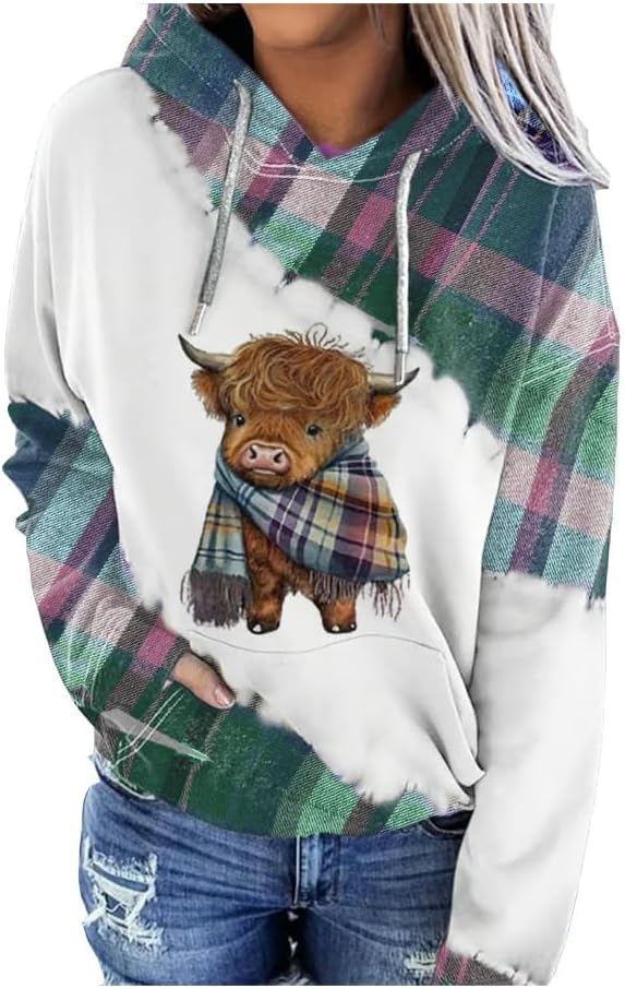 Women's Plaid Highland Cow Casual Hooded Sweatshirt Western Vintage Hoodie Highland Cow Shirt Plus Size